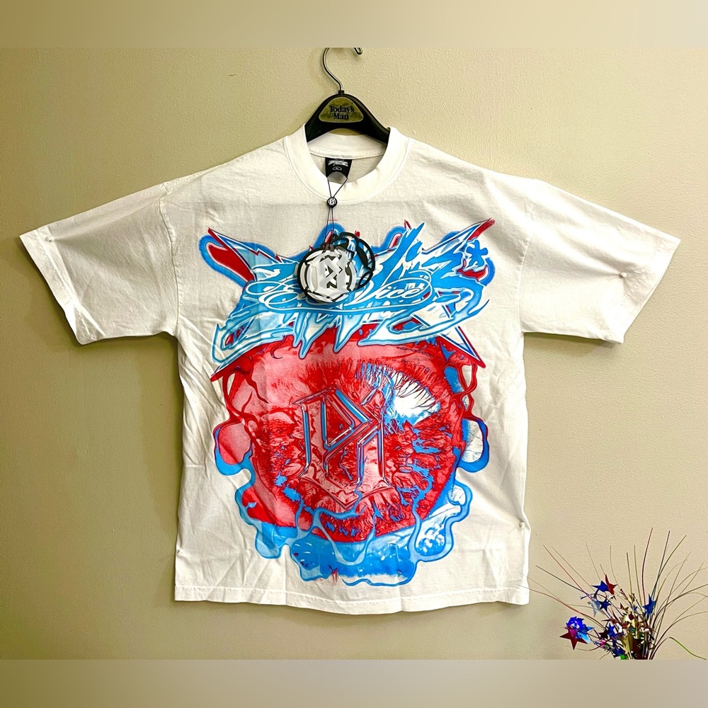 Evil Vice Men’s White Tee with Blue and Red Graphic NWT